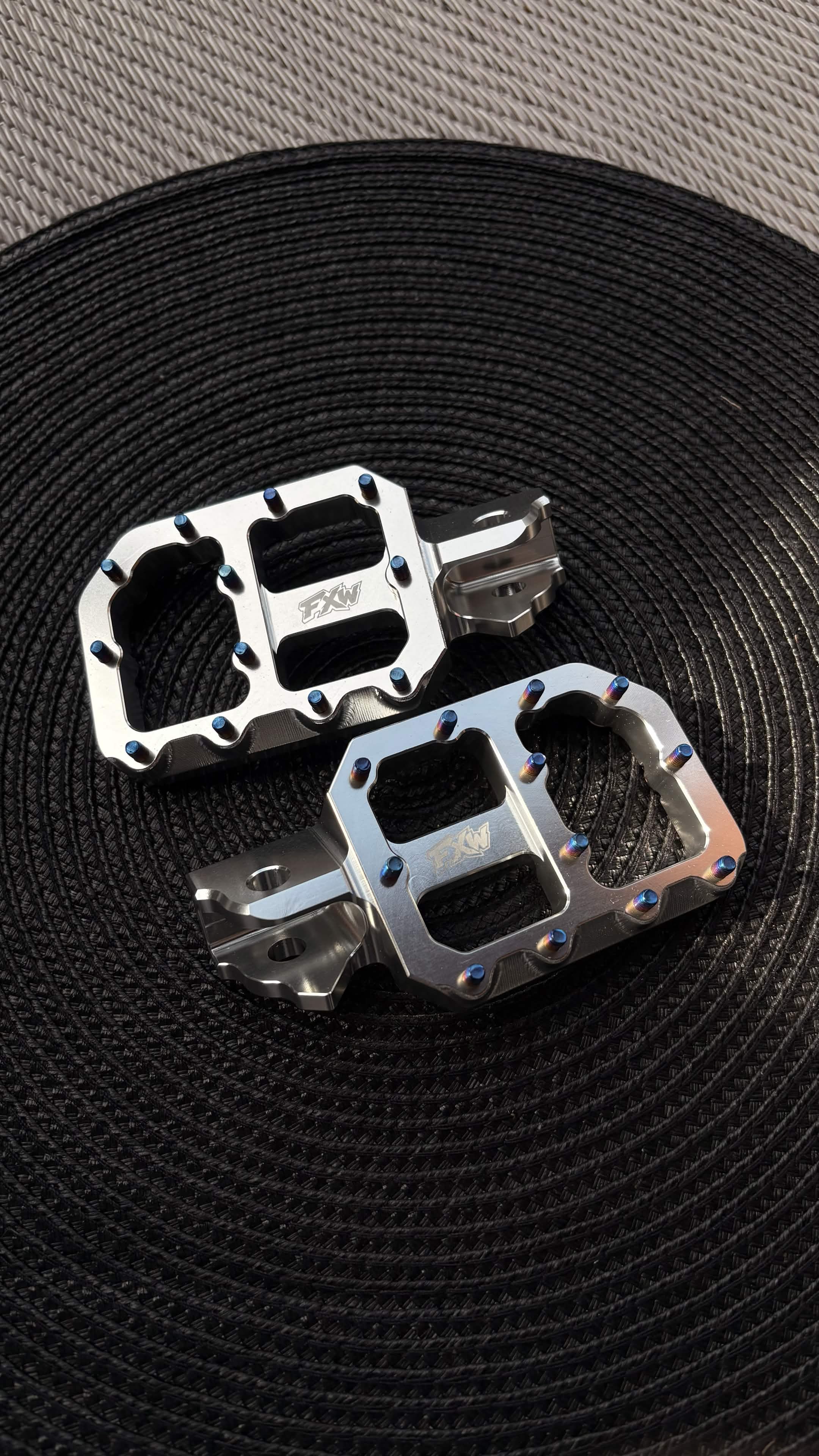 FxW Wide Footpegs with Titanium Bolts Black/Silver - Fits On Most Bikes